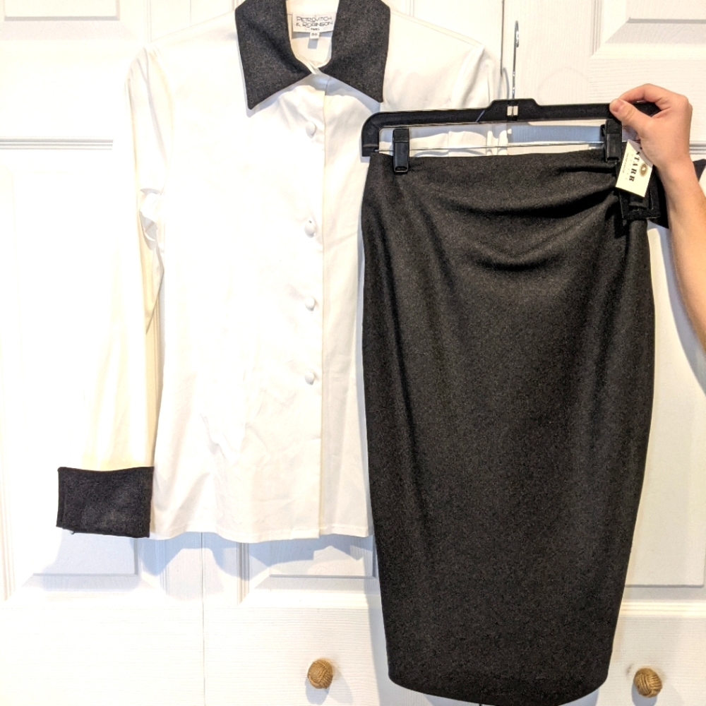 NWT (Paris) Wool & Cotton Collared Button Down Shirt & Skirt With Belt.  Size 6.